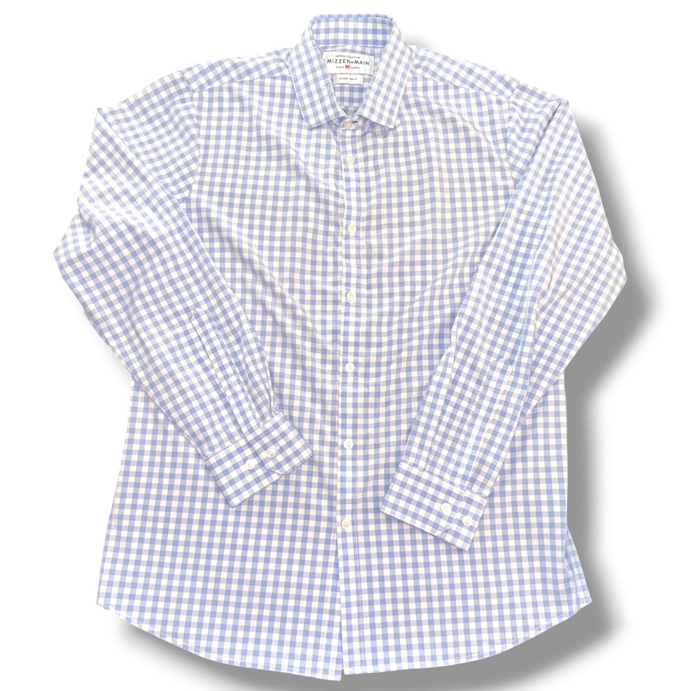 Mizzen+Main Button Down Mens XL Blue White Gingham Leeward Trim Fit Performance